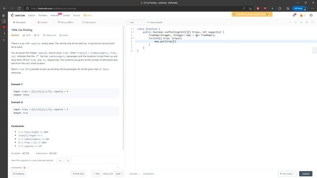 LeetCode 1094 | Car Pooling | TreeMap | Java смотреть онлайн