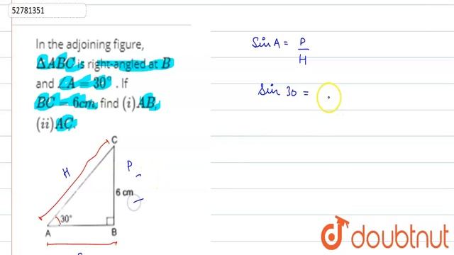 In the adjoining figure, `DeltaABC` is right-angled at `B` and `/_A=30^(@)` . If `BC=6cm`, find `(i смотреть онлайн