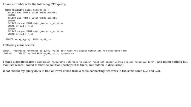 ERROR: recursive reference to query "najdi_tot" must not appear within its non-recursive term смотреть онлайн