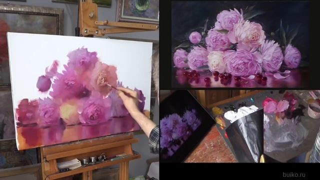 Пионы и вишня. Урок масляной живописи. Painting with flowers brushes. Как написать цветы смотреть онлайн