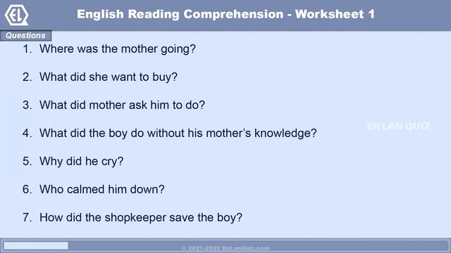 English Reading Comprehension - Worksheet 1 - ENLANQUIZ смотреть онлайн