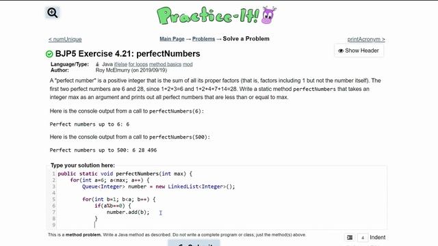 Java Practice It | Exercise 4.21: perfectNumbers | if/else, method basics, return смотреть онлайн