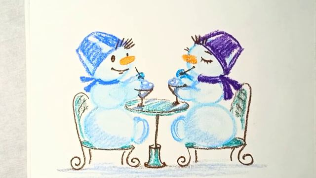 Снеговики в лесном кафе. Рисунок сухой пастелью. смотреть онлайн