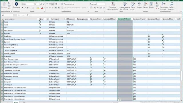 Меню ресторана работа с таблицей Excel