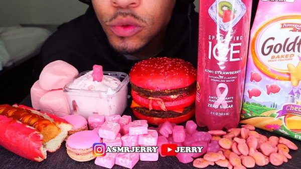 ASMR EATING ONLY PINK FOOD FOR 24 HOURS MUKBANG JERRY NO TALKING
