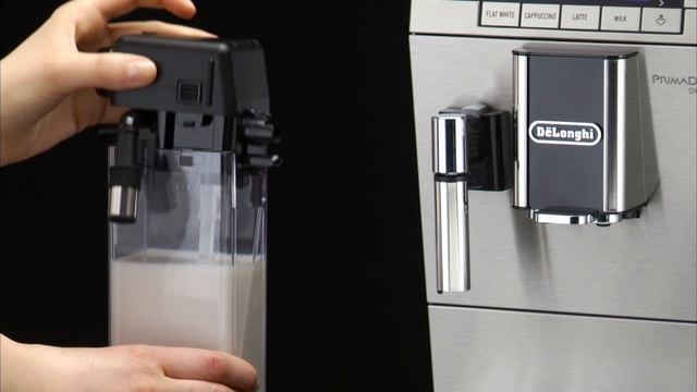 How to fill and attach the milk container on your De'Longhi PrimaDonna XS ETAM 36.365 coffee machin смотреть онлайн