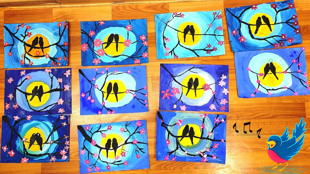 Как нарисовать весну и птиц на ветке. Урок рисования в школе смотреть онлайн