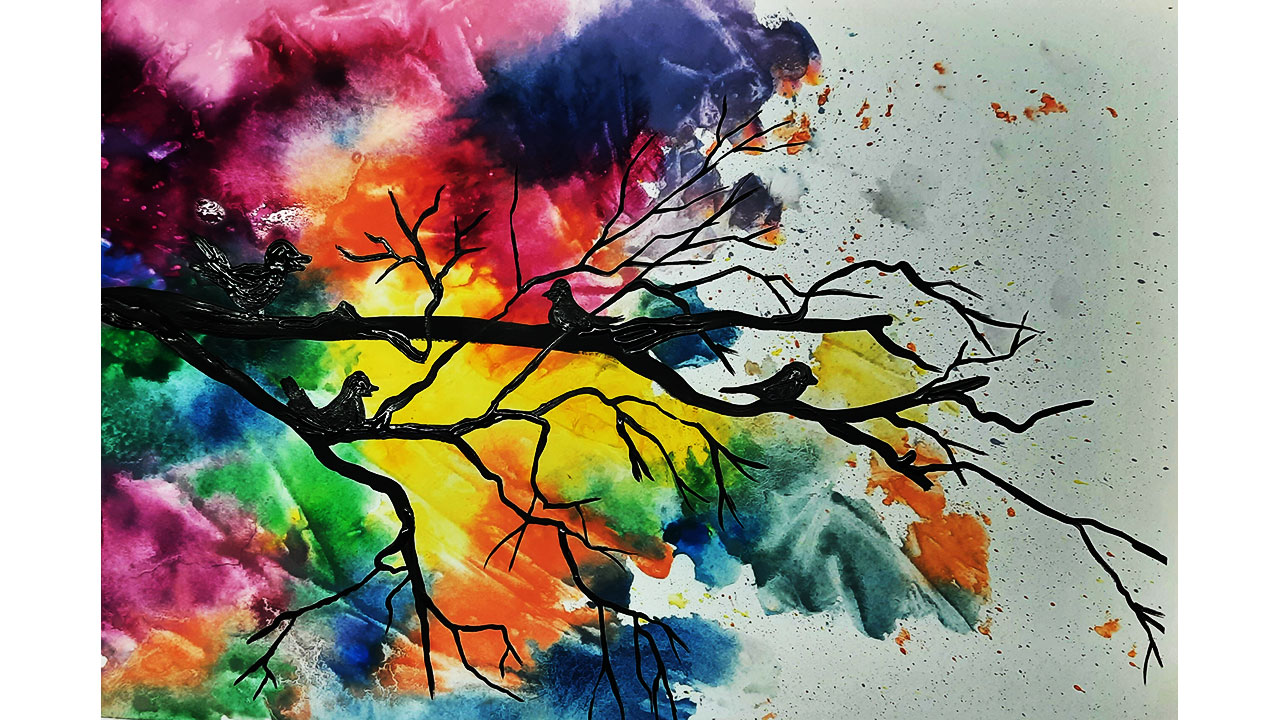 Как нарисовать необычную картину для интерьера. Рисуем ветку дерева. Современная картина. смотреть онлайн