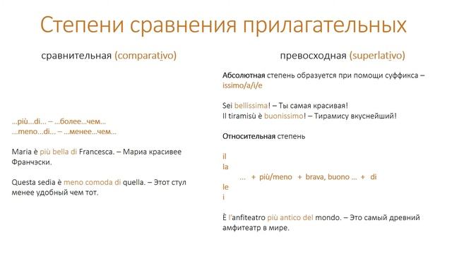 Степени сравнения прилагательных по-итальянски, частичный артикль, предлоги. 9 урок смотреть онлайн