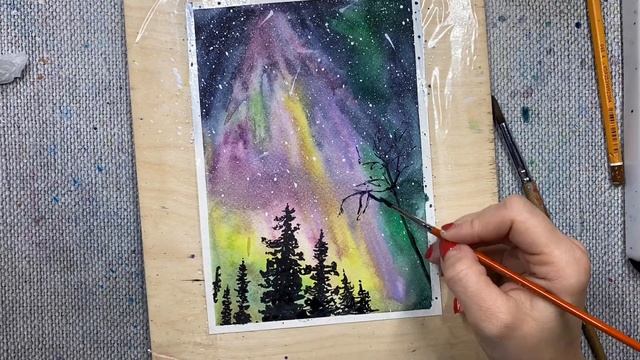 Как нарисовать радужное северное сияние. рисую акварелью. скетчинг для новичков. смотреть онлайн