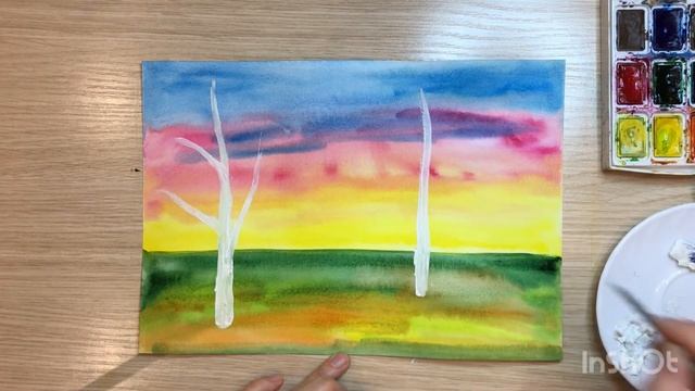 Осенний Пейзаж для детей от 3 лет акварелью. Рисунок моя родина. Рисунок осень. Осенний рисунок. смотреть онлайн