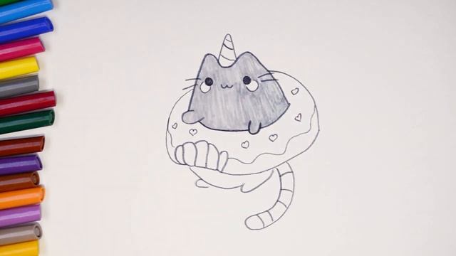Учимся рисовать котёнка в пончике. Милый каваи котенок. Learn to draw a kitten смотреть онлайн