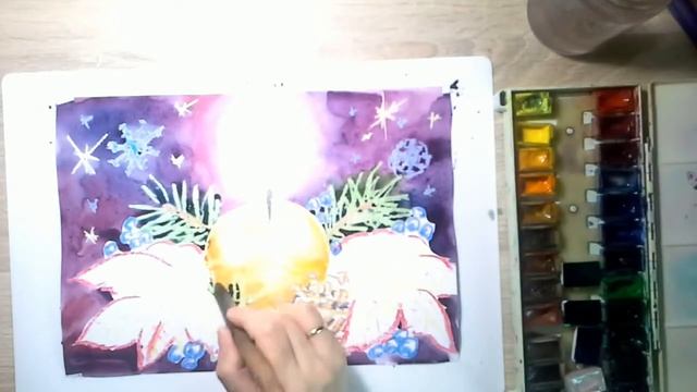 Учимся рисовать НОВОГОДНЮЮ СВЕЧУ акварелью. Christmas wreath with a candle. Watercolor painting. смотреть онлайн