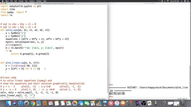 Solve set of linear equations (sympy) and show the equations & solution on graph (matplotlib) смотреть онлайн