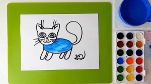 Как нарисовать КОШКУ И МЫШКУ! Рисуем кота поэтапно красками акварель! Раскраска для детей от 3 лет!