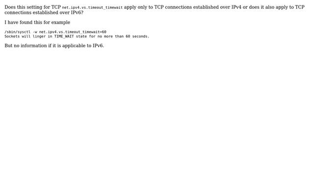 DevOps & SysAdmins: Is net.ipv4.vs.timeout_timewait used also for IPv6? смотреть онлайн