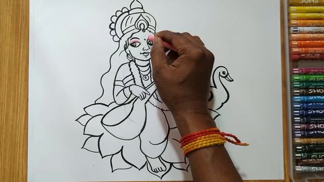 how to draw maa saraswati with oil pastel color step by step for beginners,saraswati thakur drawing смотреть онлайн