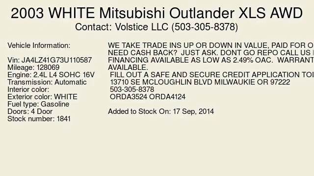 2003 WHITE Mitsubishi Outlander XLS AWD - Milwaukie, OR 97222 - Used Cars смотреть онлайн
