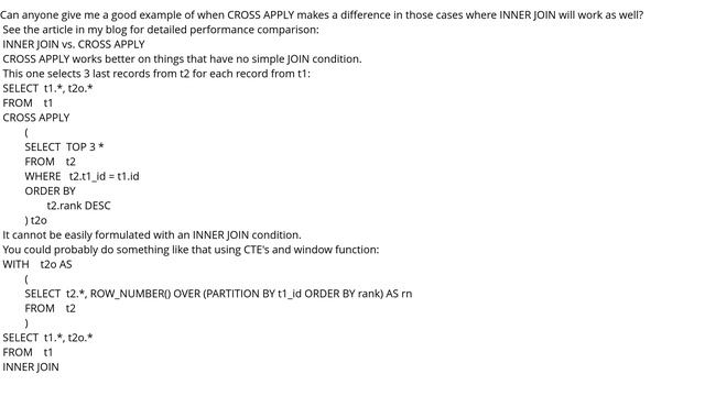 When should I use CROSS APPLY over INNER JOIN? смотреть онлайн