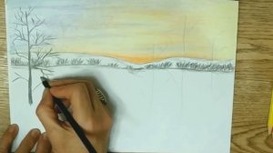 ПЕЙЗАЖ. Как нарисовать зимний пейзаж карандашами. How to draw awinter landscape with pencils