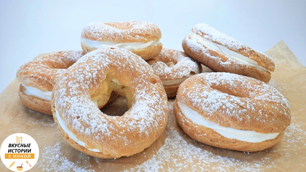 ЗАВАРНЫЕ КОЛЬЦА С ТВОРОЖНЫМ КРЕМОМ / заварные пирожные вкусная выпечка к чаю / рецепт десерта смотреть онлайн