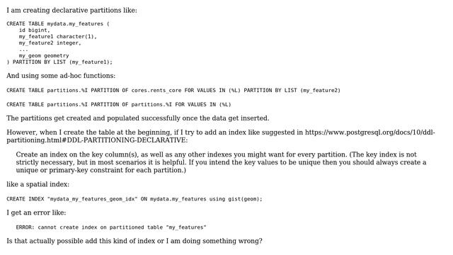 Databases: Is it possible to add a spatial index to a partition with Postgres 10? смотреть онлайн