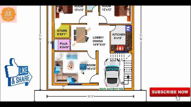 HOUSE PLAN 33' X 40’ / 1320 SQ.FT / 147 SQ.YDS / 123 SQ.M / 147 GAJ / WITH INTERIOR / (4K) смотреть онлайн