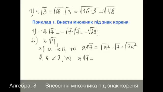 Алгебра 8 Внесення множника під знак кореня смотреть онлайн