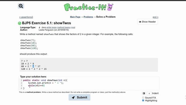 Java Practice It || 5.1 showTwos || while loop, method, integers смотреть онлайн