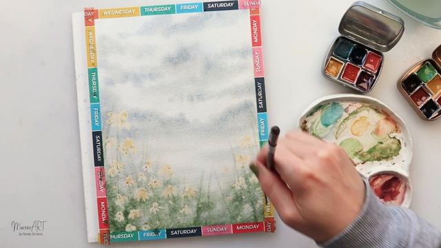 Watercolor landscape - meadow with chamomile смотреть онлайн