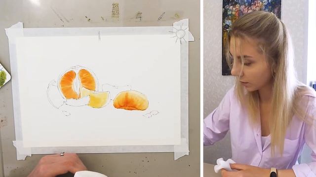 Как нарисовать НАТЮРМОРТ с мандаринами, уроки рисования акварелью. смотреть онлайн