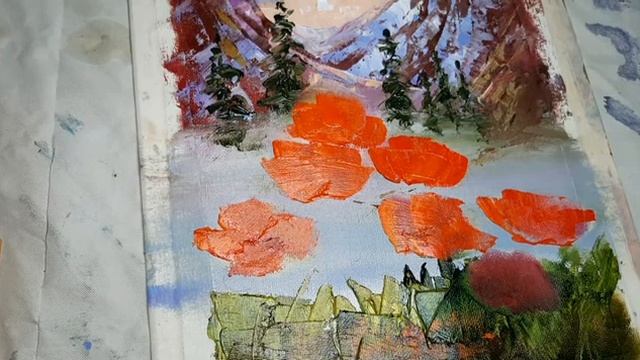 Горные маки. Картина мастихином масло на холсте. смотреть онлайн