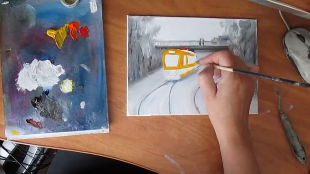 Трамвай,лыжники,зима.Учимся рисовать снег,транспорт,фигуры людей. смотреть онлайн