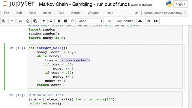 Markov Chain Gamblers Ruin Random Walk Using Python 3.6 смотреть онлайн