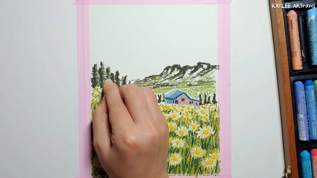 Oil Pastel landscape #48 / Chamomile Field Painting _ Step by Step смотреть онлайн