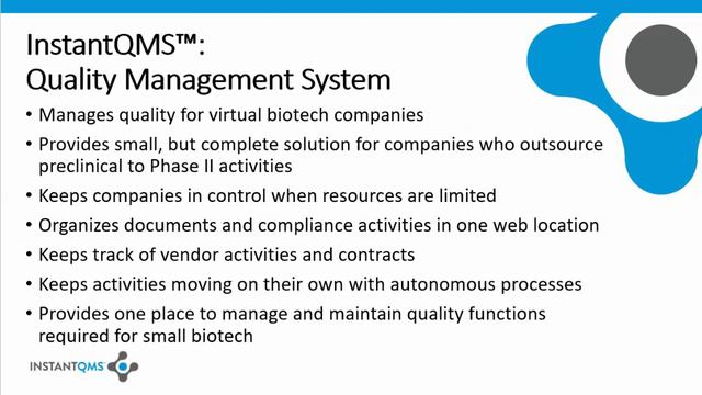 INSTANTQMS: QUALITY MANAGEMENT SYSTEM FOR VIRTUAL BIOTECH COMPANIES смотреть онлайн