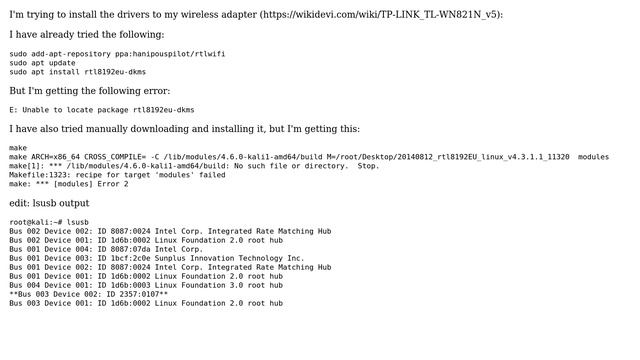 Can't install TL-WN821N (V5) drivers on Kali смотреть онлайн