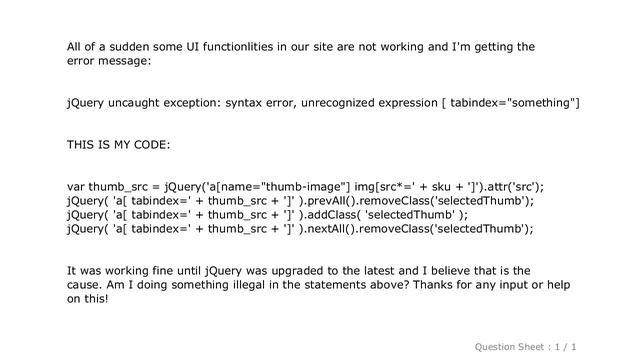 jQuery : jQuery uncaught exception: syntax error, unrecognized expression [ tabindex="something"] смотреть онлайн