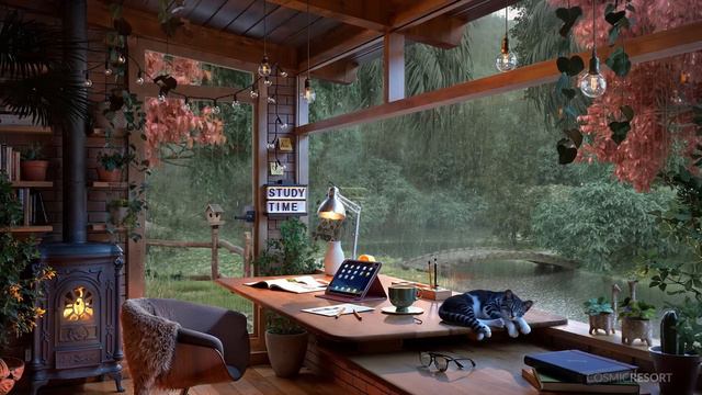 Rain Sounds For Studying - Cozy Cabin Ambience With Gentle Rain & Forest View