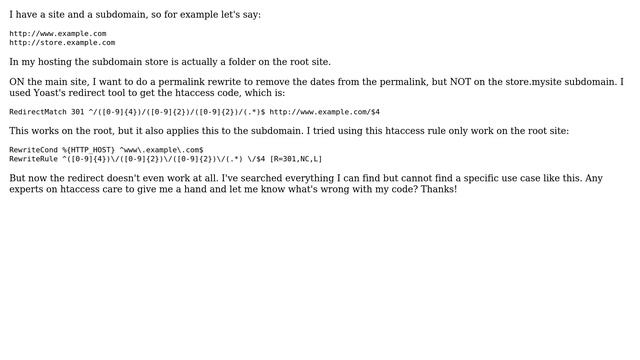 Wordpress: Htaccess remove dates from root site but not from subdomain смотреть онлайн