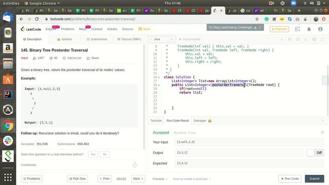 Facebook Interview question LeetCode 145 Binary Tree Postorder Traversal explained in JAVA смотреть онлайн