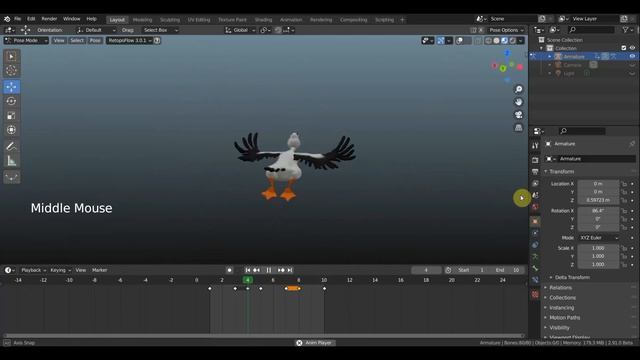BLENDER 2.91 Борис (Boris)-гусь, первый полет анимация смотреть онлайн