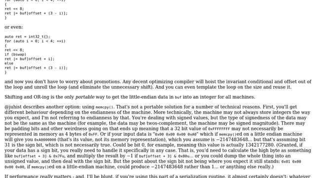 reinterpret_cast vs bit shifts for extracting 32-bit integers from bytes, with either endianness смотреть онлайн