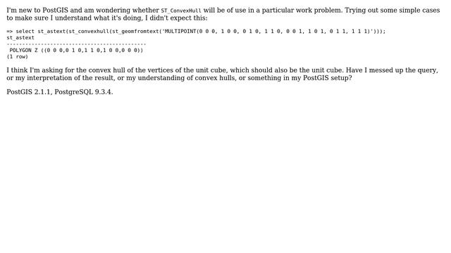 GIS: PostGIS ST_ConvexHull for cube corners not as expected смотреть онлайн