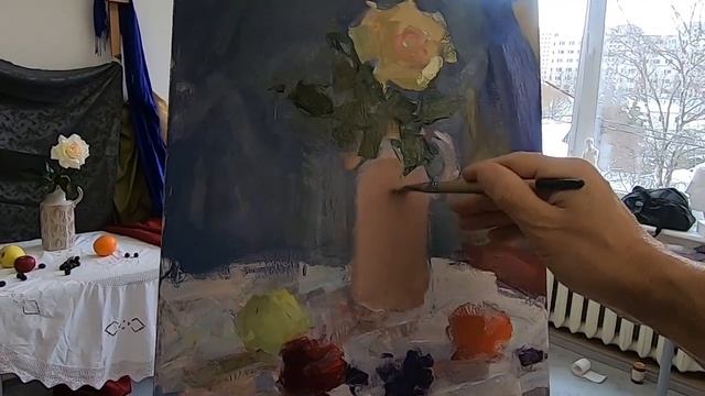 Натюрморт с розой и фруктами. Живопись маслом смотреть онлайн