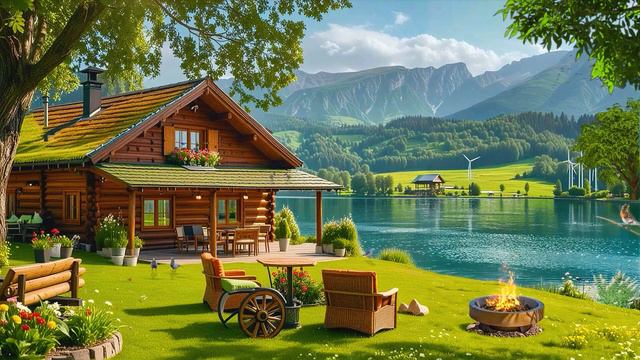 Peaceful Morning Garden Space Lakeside &Relax Campfire Sounds + Chirping Bird Sounds   Forest Sounds