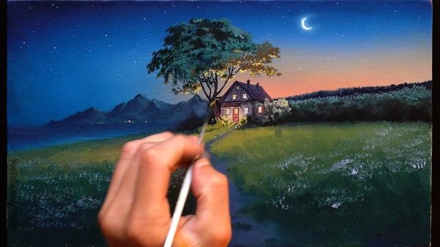 ? Acrylic Landscape Painting - Bright Night / Easy Art / Drawing Lessons / Satisfying Relaxing. смотреть онлайн