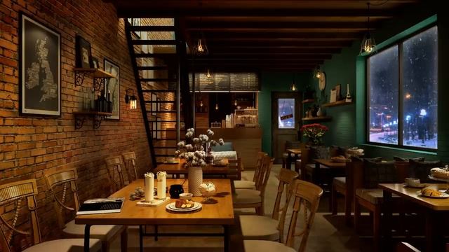 Snowy Night Coffee Shop Ambience with Relaxing Smooth Jazz Music & Cafe Sounds.mp4 смотреть онлайн