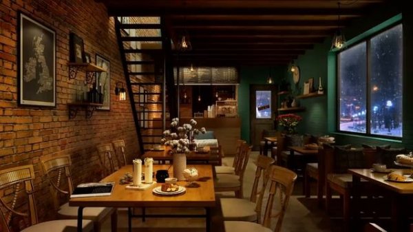 Snowy Night Coffee Shop Ambience with Relaxing Smooth Jazz Music & Cafe Sounds.mp4