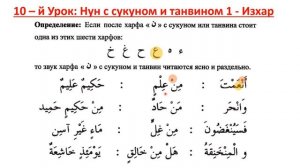 Правила Таджвида, 10 - й урок: Нун с Сукуном и Танвин - Изхар